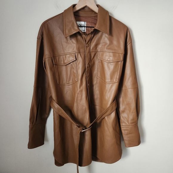 NWT Zara | Faux Leather Belted Button Down Shirt Jacket in Cognac - Size L - Picture 3 of 14